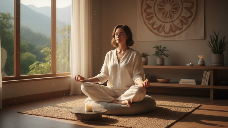 Obraz pokazujący kobietę medytującą w pokoju