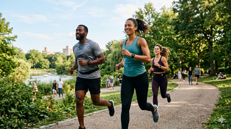 Obraz przedstawia trójkę uśmiechniętych osób (dwie kobiety i mężczyznę) w trakcie wspólnego joggingu
