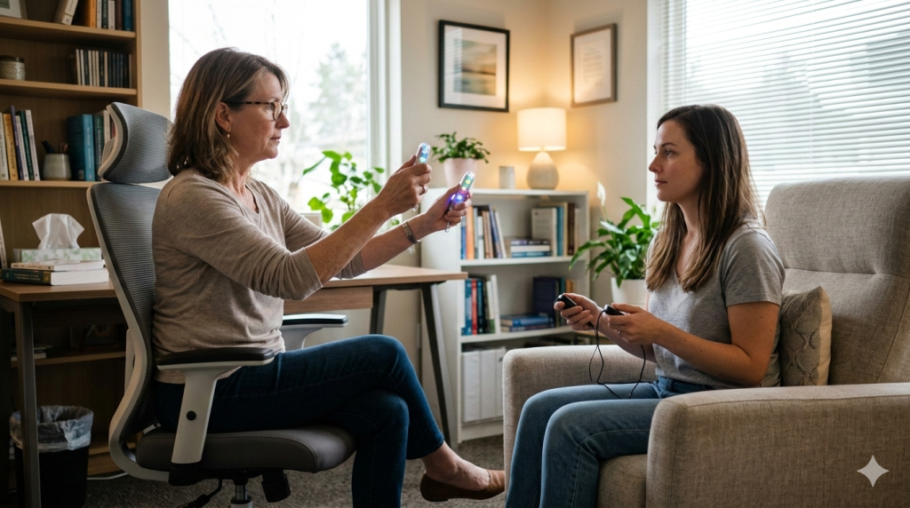 Obraz przedstawia wnętrze nowoczesnego, przytulnego gabinetu terapeutycznego