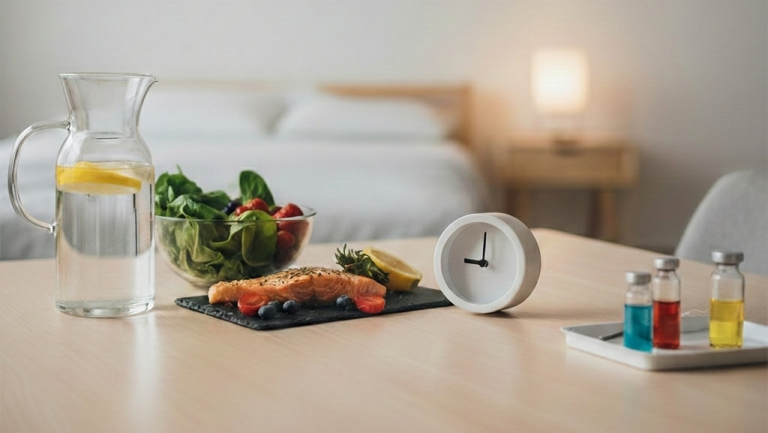 Na obrazie widzimy nowoczesny, niemal „laboratoryjny” zestaw do dbania o siebie, ustawiony w jasnej sypialni