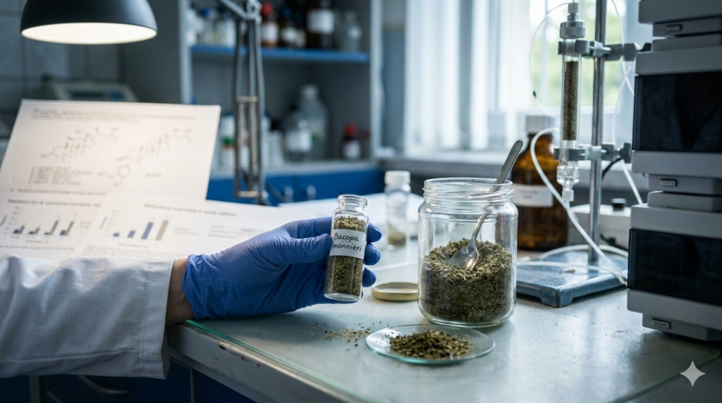 Obraz przedstawia realistyczną scenę w laboratorium fitochemicznym lub farmaceutycznym, skupioną na badaniu surowca roślinnego Bacopa monnieri