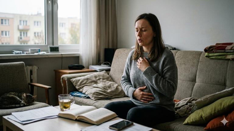 Obraz przedstawia realistyczną scenę w domowym zaciszu, która ilustruje fizyczne i praktyczne aspekty radzenia sobie z lękiem opisane w tekście