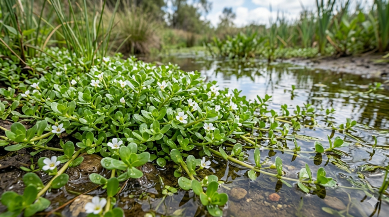Grafika przedstawia gęstą kępę rośliny Bacopa monnieri, rosnącą na podmokłym brzegu płytkiego zbiornika wodnego