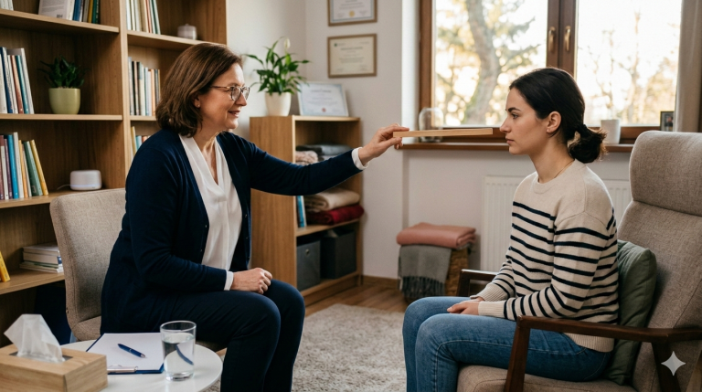 Obraz przedstawia realistyczną scenę sesji terapeutycznej w nurcie EMDR, odbywającą się w jasnym, nowoczesnym gabinecie psychologicznym