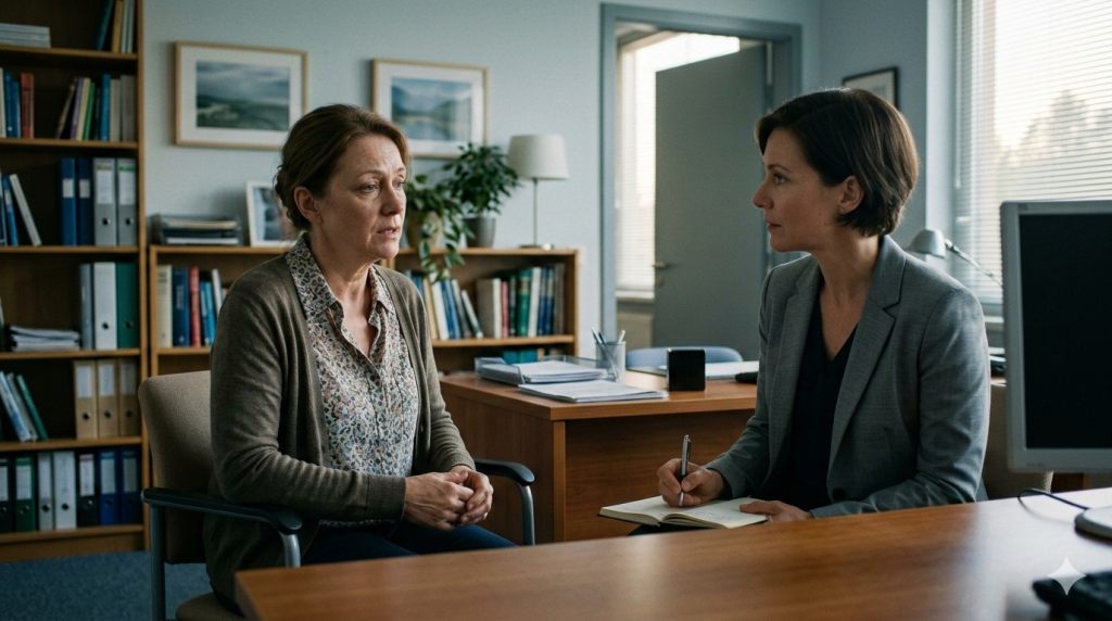 Obraz przedstawia wnętrze gabinetu specjalisty (psychiatry lub terapeuty) utrzymane w stonowanej, profesjonalnej kolorystyce