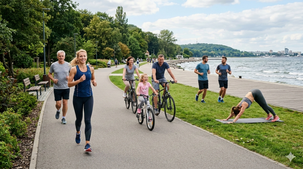 Obraz przedstawia nasłonecznioną nadmorską promenadę otoczoną pasem soczystej zieleni i drzewami