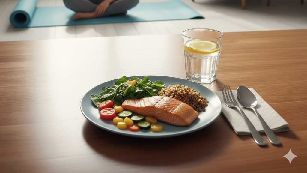 Obraz przedstawia wnętrze jasnego pomieszczenia, prawdopodobnie salonu lub sypialni, z dużym oknem w tle, przez które wpada naturalne światło